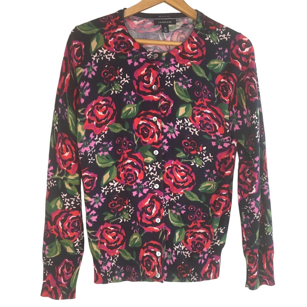 Lands End Women's‎ Size M Dark Floral Roses Print Supima Cotton Cardigan Sweater